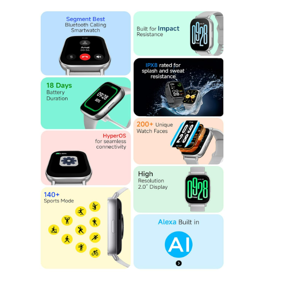 Redmi Watch 5 Active, 2" Display, Metal Body, 18 Day Battery, Bluetooth Calling, Advanced AI Noise Cancellation, Alexa, Matte Silver