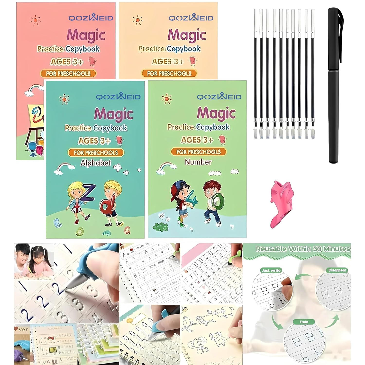 Magic Practice Copybook,(4 Books+10 Refill) Number Tracing Book for Preschoolers with Pen,Magic Copybook Set Practical Reusable - Image 3