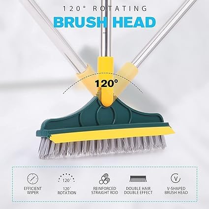 Bathroom Cleaning Brush with Wiper 3 in 1 Tiles Cleaning Brush Floor Scrub Bathroom Brush with Long Handle 120° Rotate Bathroom mop Floor Cleaning Brush (18/8 Steel