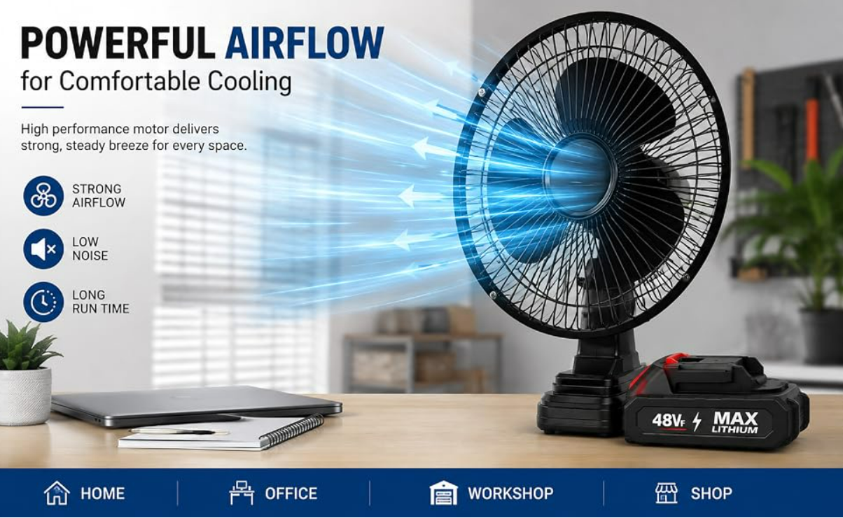 Portable Rechargeable High-Power Adjustable Electric Fan,1Battery,37V Lithium Battery-Powered Fan, Portable Table Fan For Home, Office, Travel, Picnic, Outdoor - Image 2